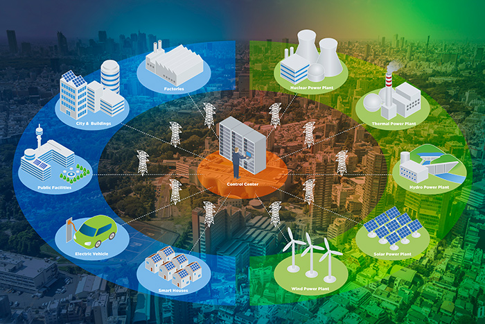 A virtual smart grid superimposed over a large city.