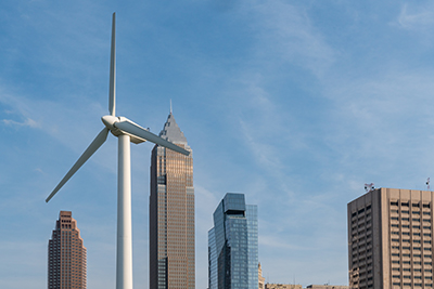 Downtown Cleveland skyine with a wind turbine